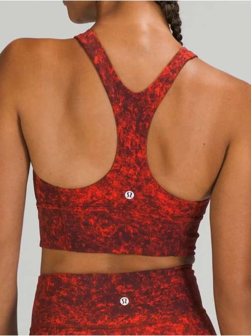 8 Lululemon Wunder Train Longline Bra, C/D Cup Denim Wash Print Autumn Red Black